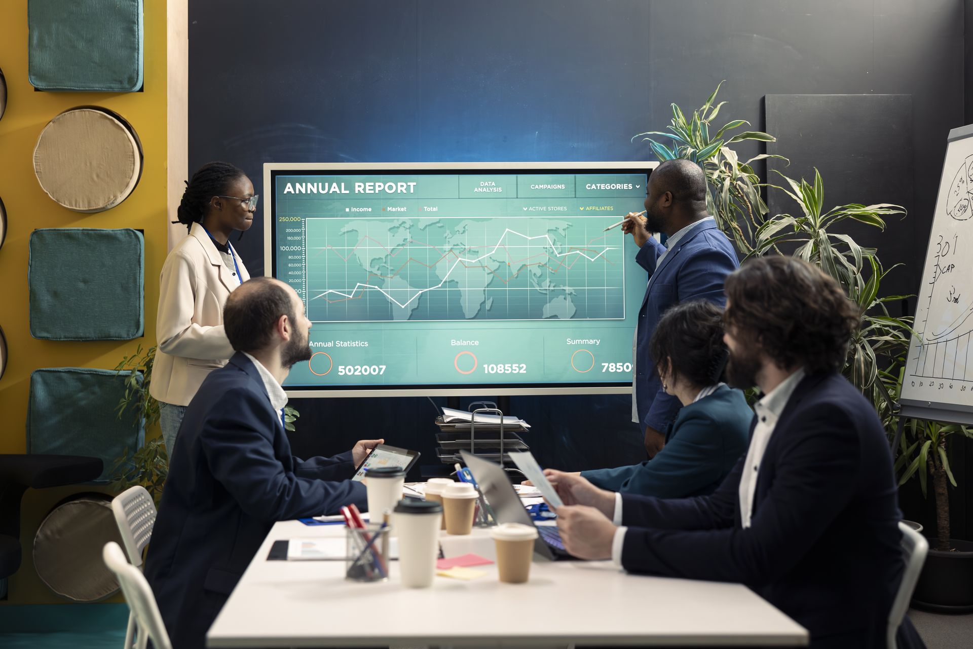 Branfo-style team reviewing an analytics dashboard on a large screen